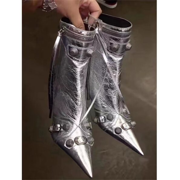 Balenciaga WOMEN’S CAGOLE 90MM BOOT METALLIZED IN GREY Dupe BA010